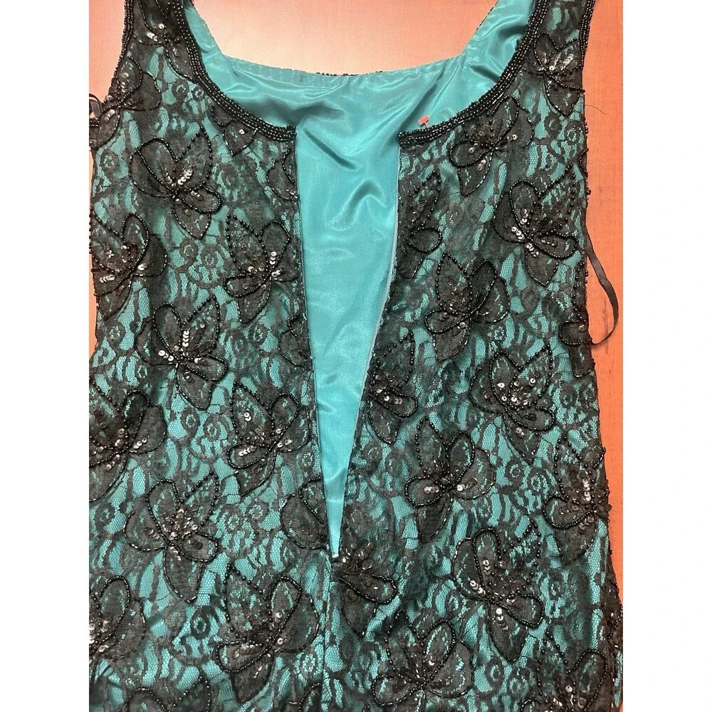 Vintage Brilliante by J.A. Black Silk Beaded with Emerald Green Evening Gown. - Picture 6 of 11